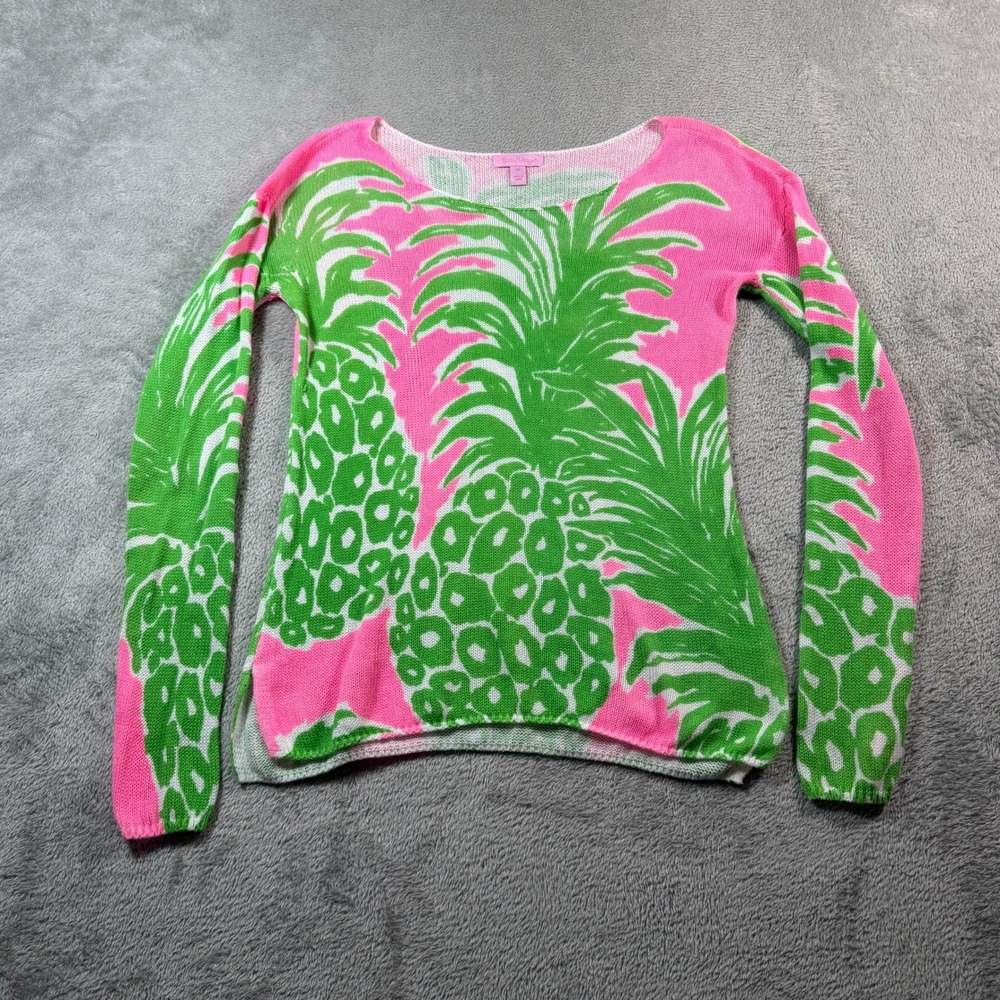 Lilly Pulitzer Julina Flamenco Sweater Women XS Pink Green Pineapple Cotton Knit